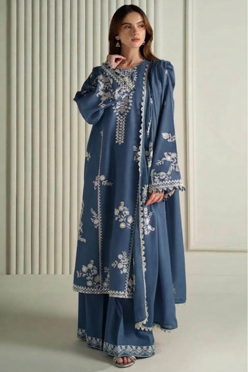 Cross Cruitch Navy Blue Dhanak 3-Piece Embroidered Suit | Digital Printed Shawl