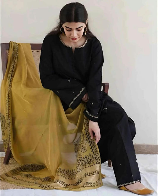 A Sling Black Dhanak 3-Piece Embroidered Suit | Yellow Digital Printed Shawl
