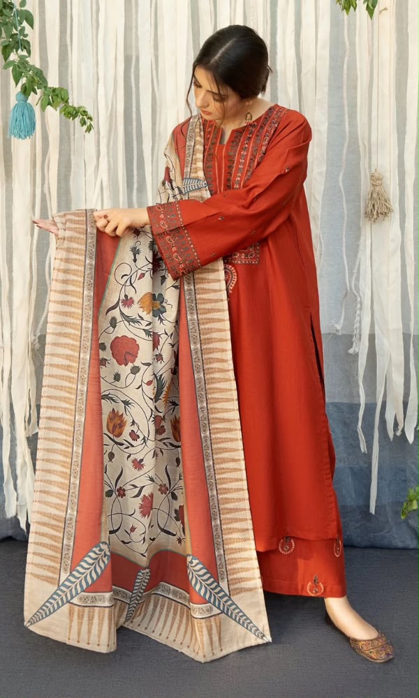 URGE Rust Orange Dhanak 3-Piece Embroidered Suit | Embroidered Trouser