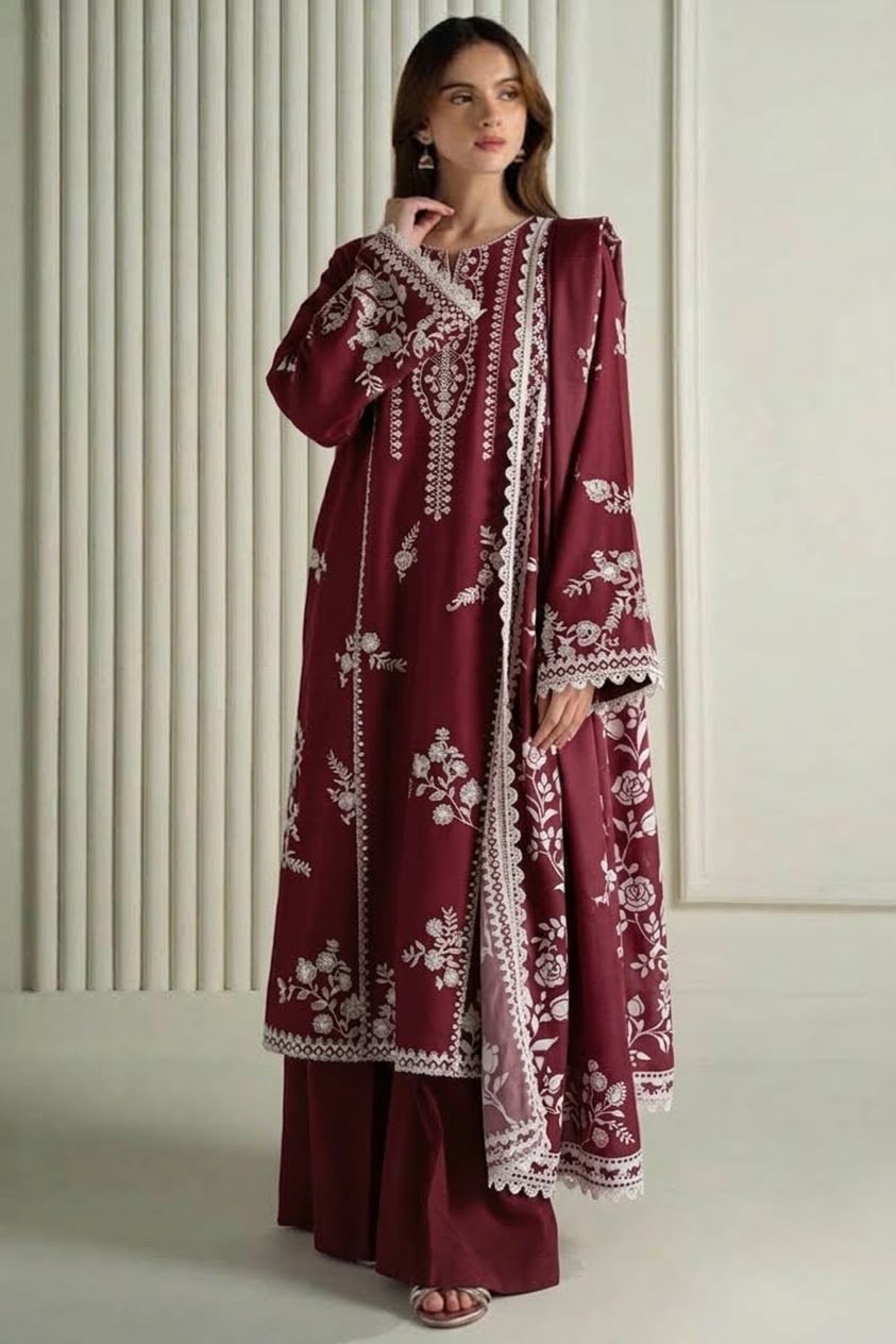 Cross Cruitch Maroon Dhanak 3-Piece Embroidered Suit | Digital Printed Shawl
