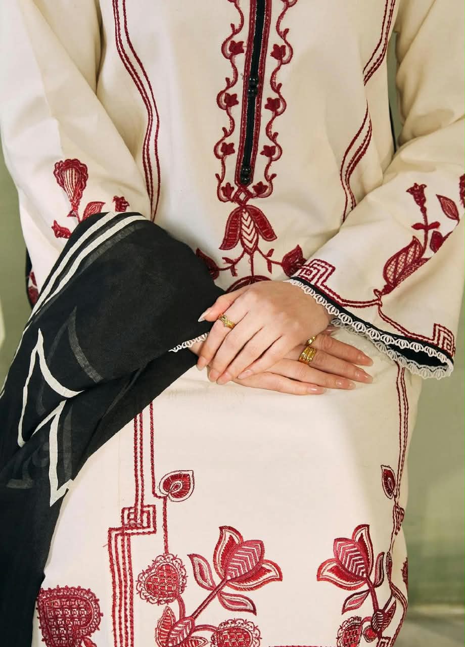 COCO Off-White Dhanak 3-Piece Embroidered Suit | Digital Printed Shawl
