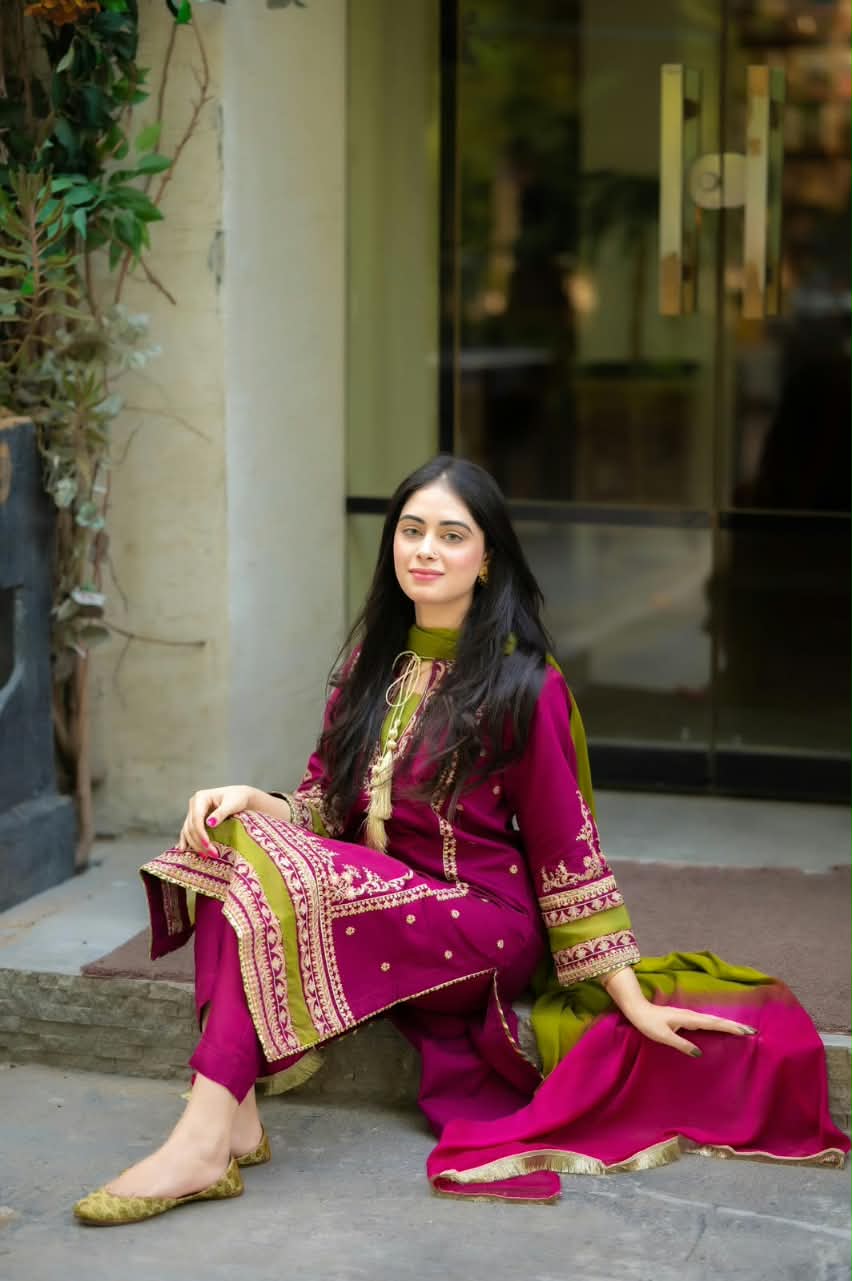 OMAL Hot Pink Dhanak 3-Piece Embroidered Suit | Digital Printed Shawl