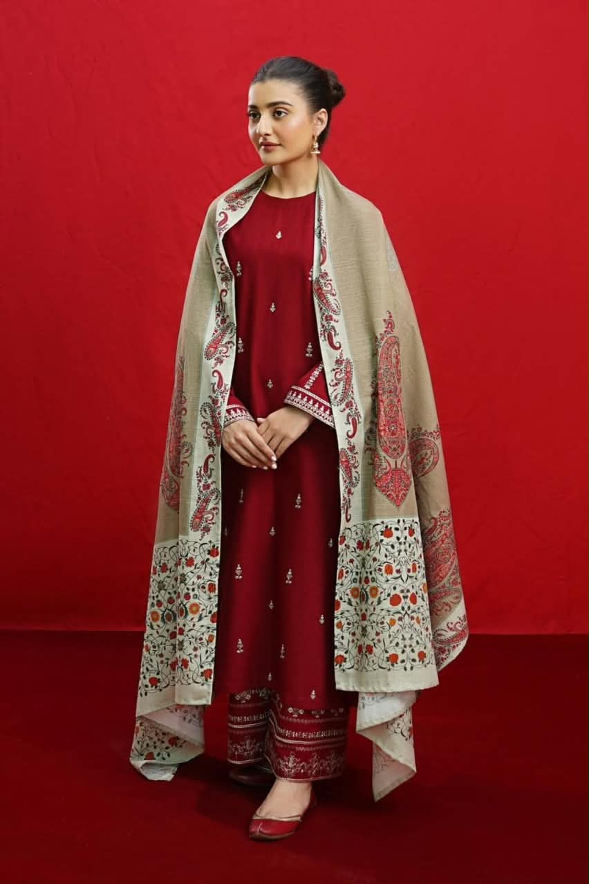 URGE Deep Maroon Dhanak 3-Piece Embroidered Suit | Embroidered Trouser