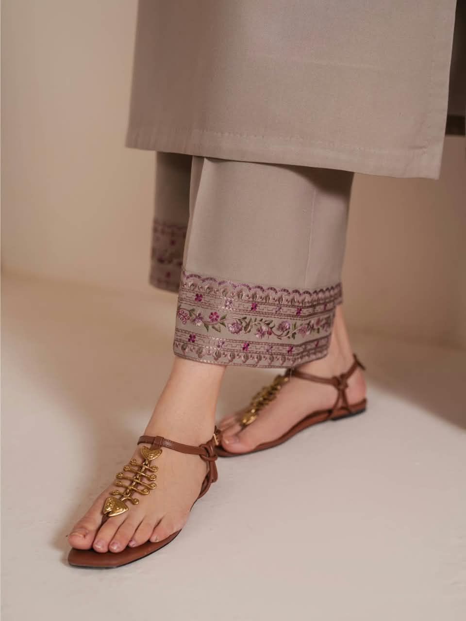 Jazmin Taupe Grey Dhanak 3-Piece Embroidered Suit | Embroidered Trouser