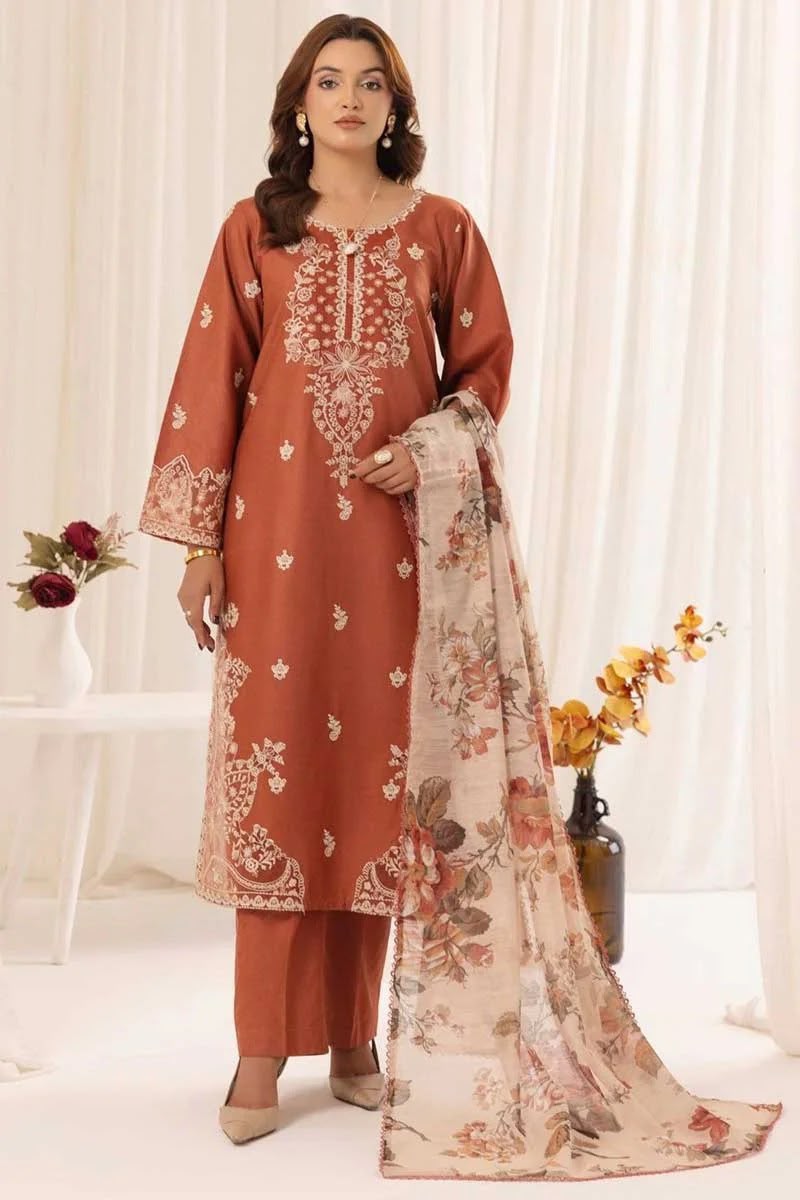 MOHAGNI Rust Terracotta Dhanak 3-Piece Embroidered Suit | Digital Printed Shawl