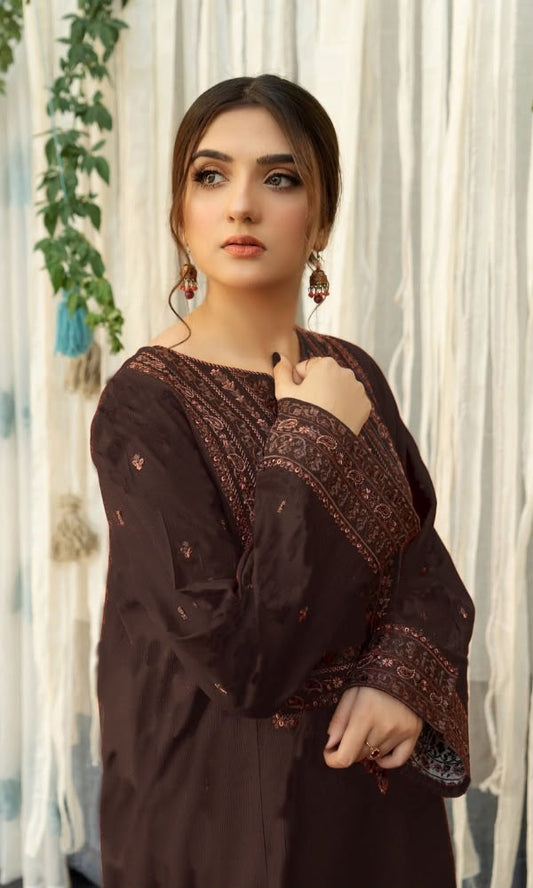 URGE Dark Brown Dhanak 3-Piece Embroidered Suit | Embroidered Trouser & Shawl