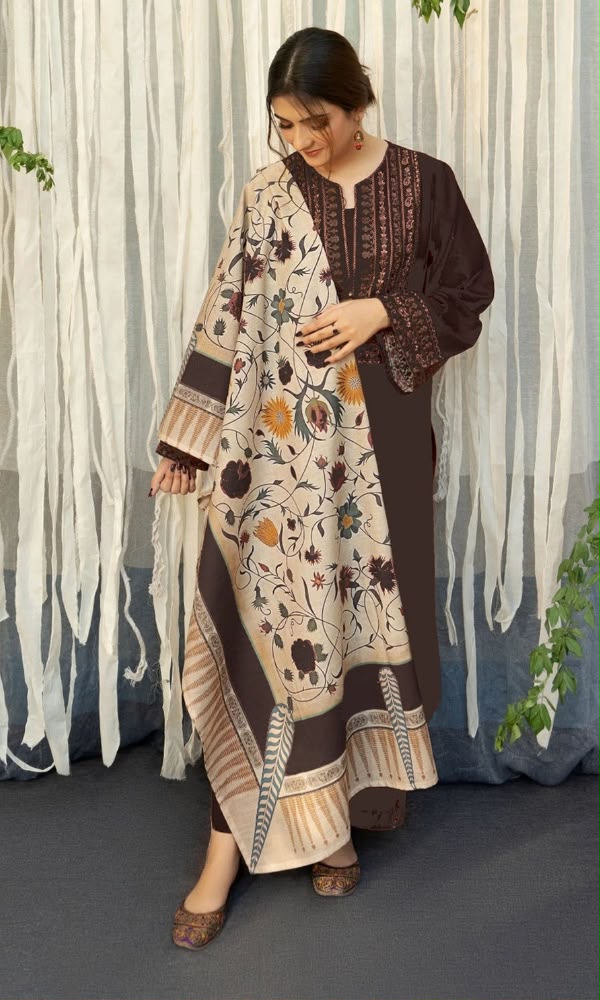 URGE Dark Brown Dhanak 3-Piece Embroidered Suit | Embroidered Trouser & Shawl