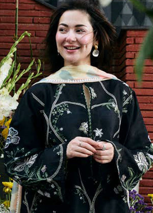COCO Black Dhanak 3-Piece Embroidered Suit | Peach Digital Printed Shawl