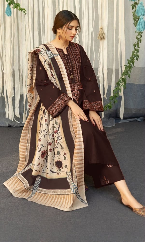 URGE Dark Brown Dhanak 3-Piece Embroidered Suit | Embroidered Trouser & Shawl