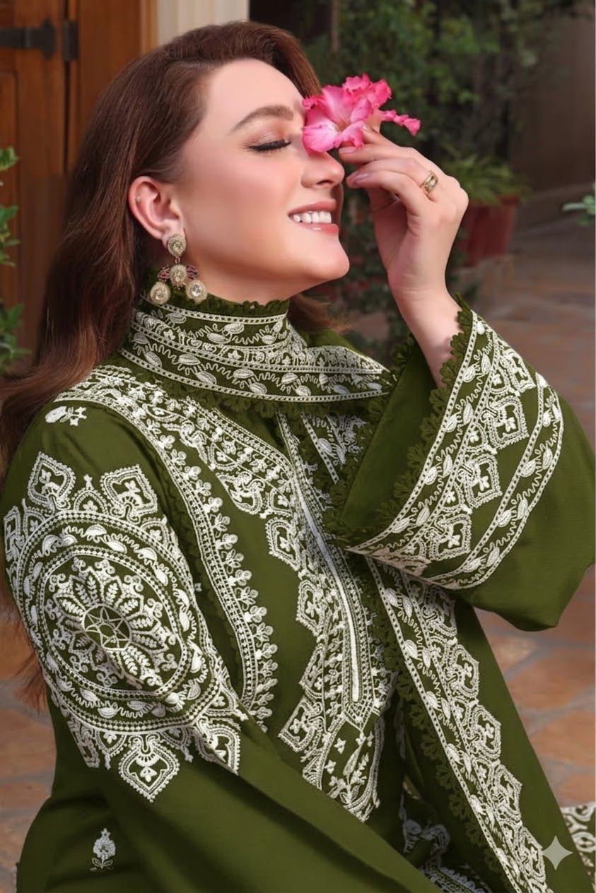 Aneela's Collection Olive Green Dhanak 3-Piece Embroidered Suit