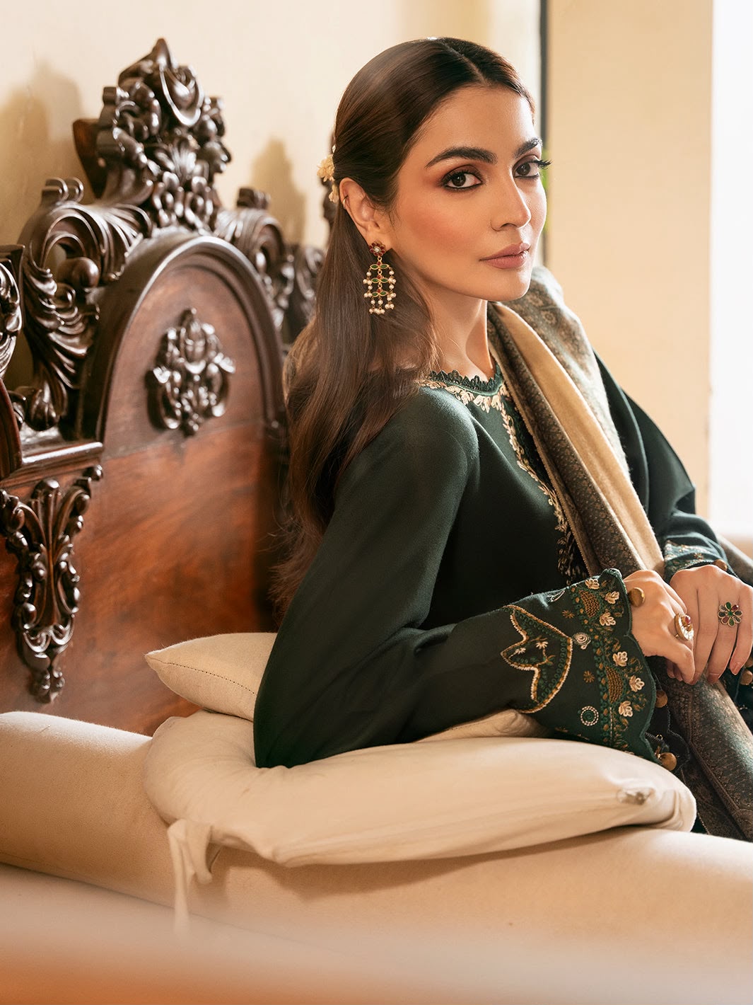 IZEL Bottle Green Dhanak 3-Piece Embroidered Suit | Digital Printed Shawl