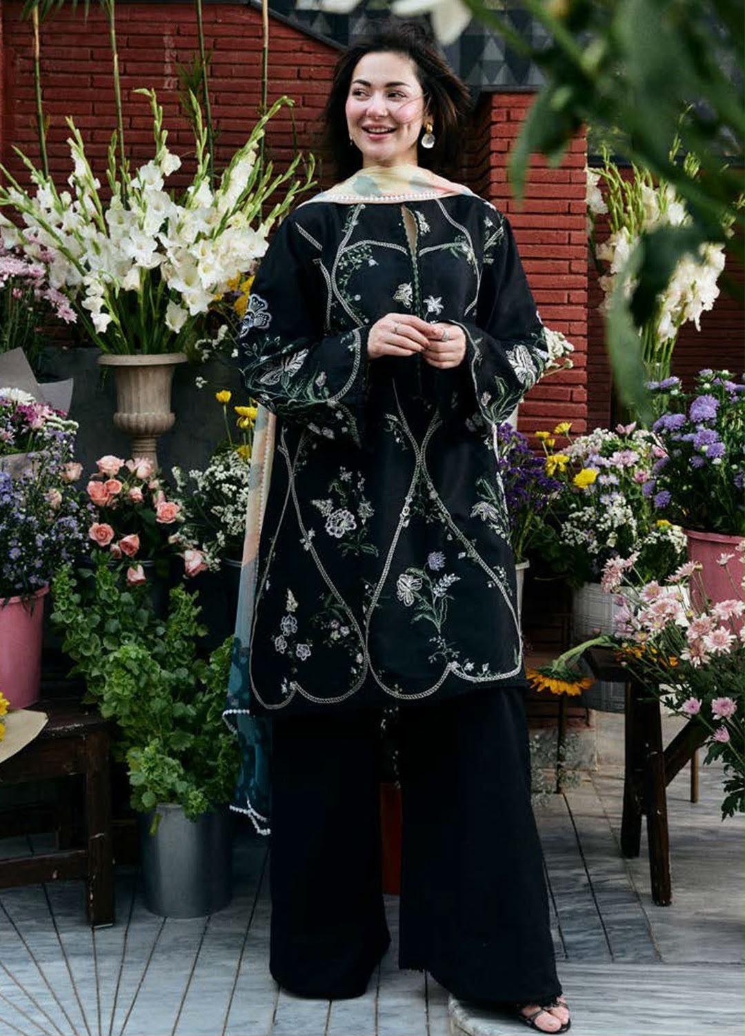 COCO Black Dhanak 3-Piece Embroidered Suit | Peach Digital Printed Shawl
