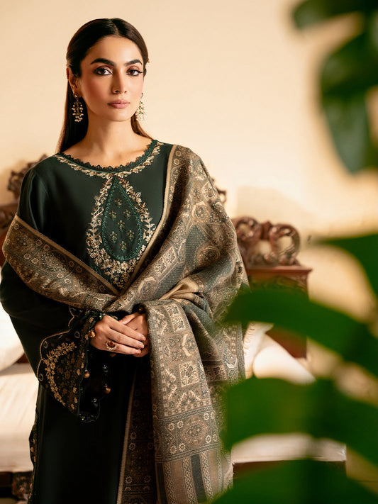 IZEL Bottle Green Dhanak 3-Piece Embroidered Suit | Digital Printed Shawl