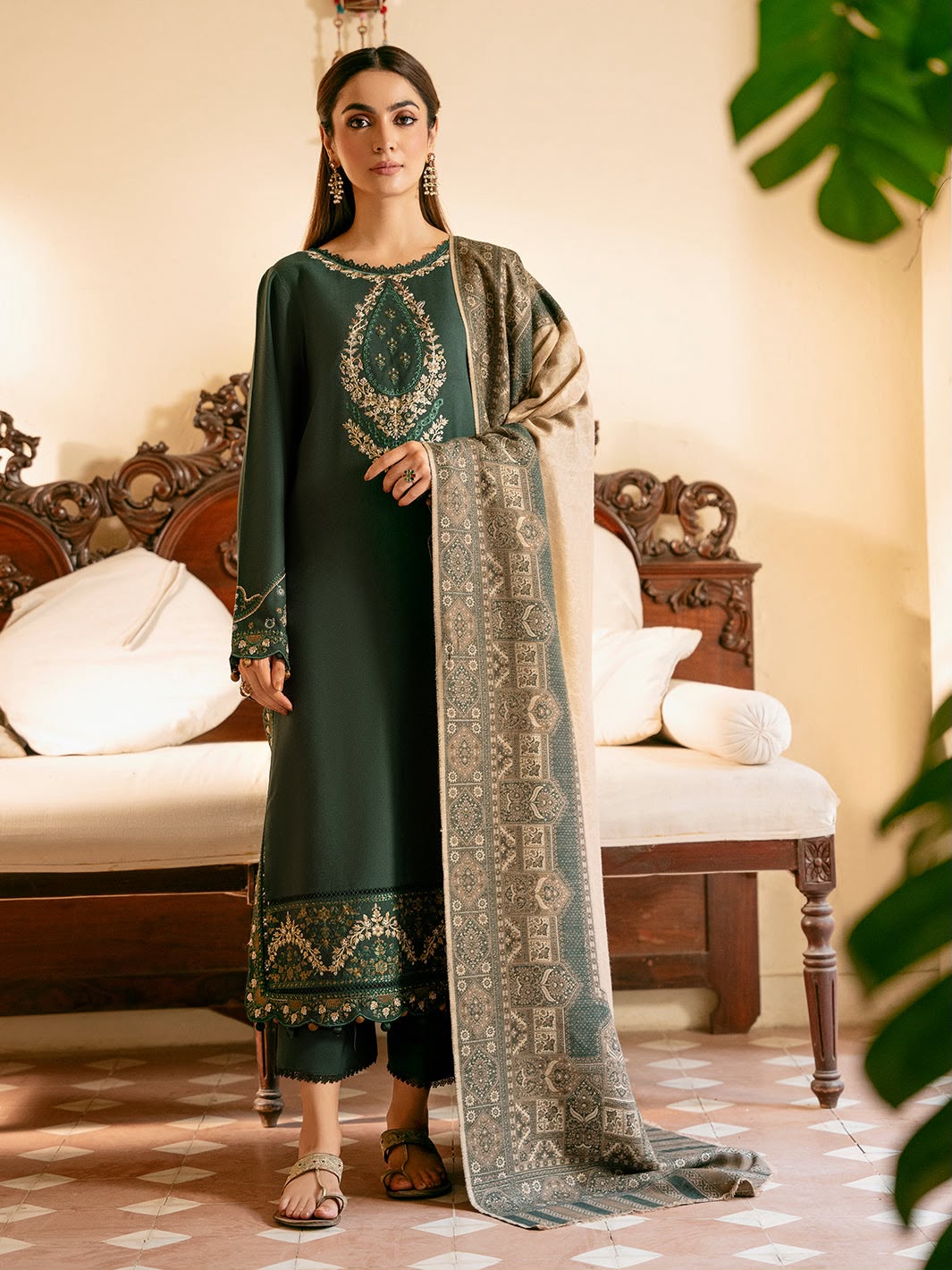 IZEL Bottle Green Dhanak 3-Piece Embroidered Suit | Digital Printed Shawl