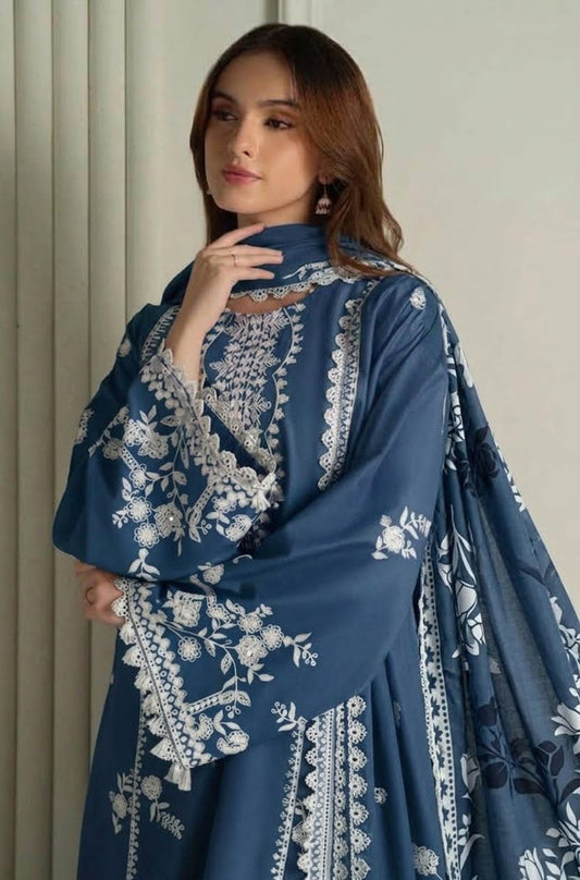 Cross Cruitch Navy Blue Dhanak 3-Piece Embroidered Suit | Digital Printed Shawl