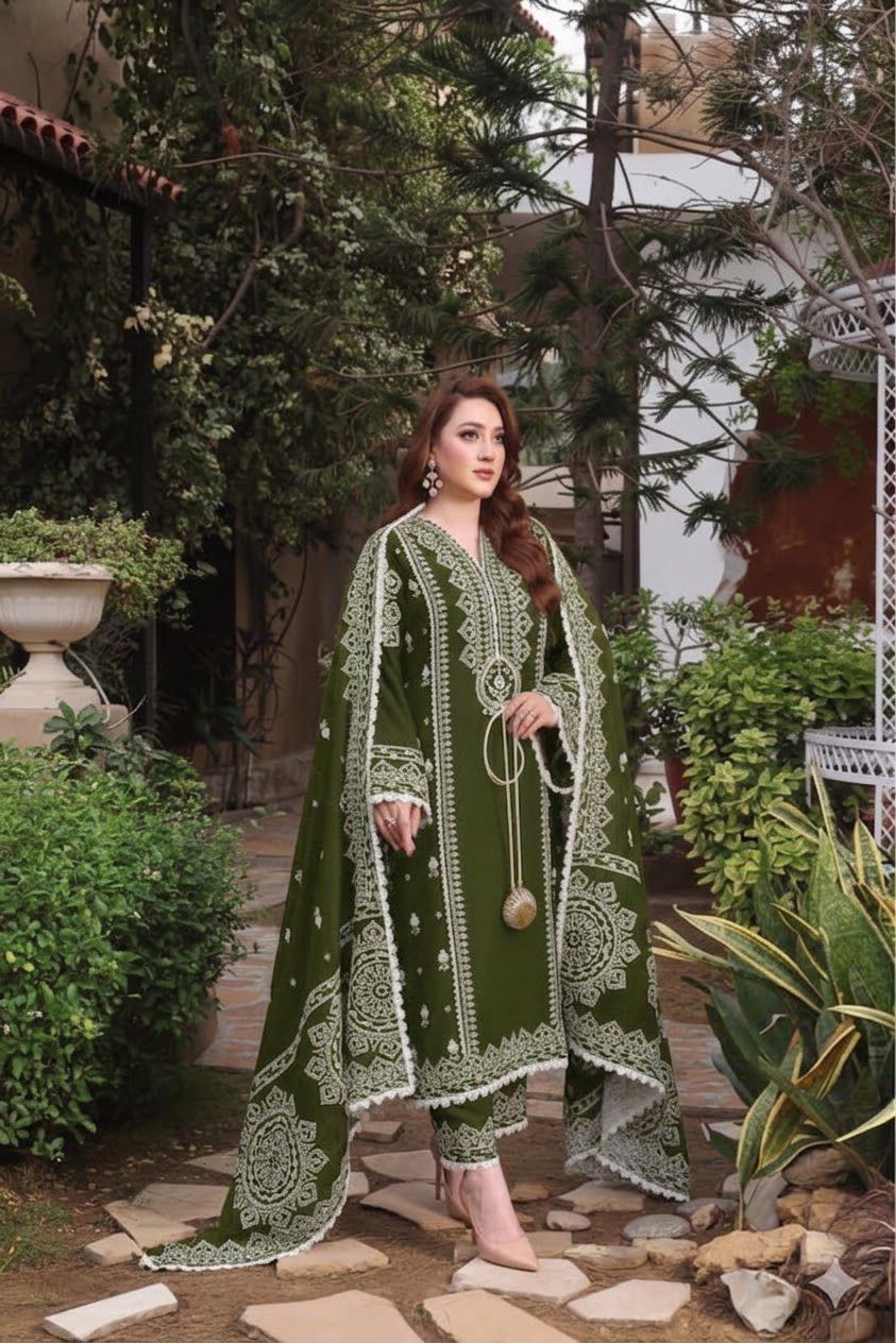 Aneela's Collection Olive Green Dhanak 3-Piece Embroidered Suit