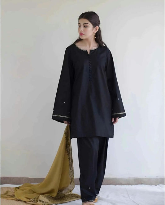 A Sling Black Dhanak 3-Piece Embroidered Suit | Yellow Digital Printed Shawl