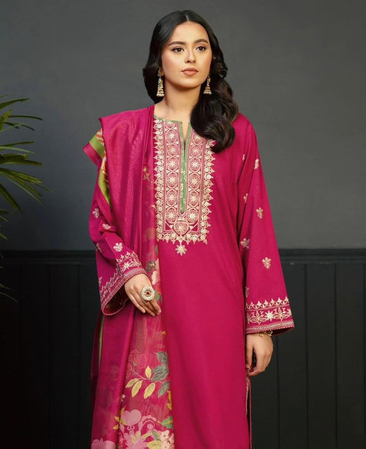 KOKUM Magenta Dhanak 3-Piece Embroidered Suit | Digital Printed Shawl