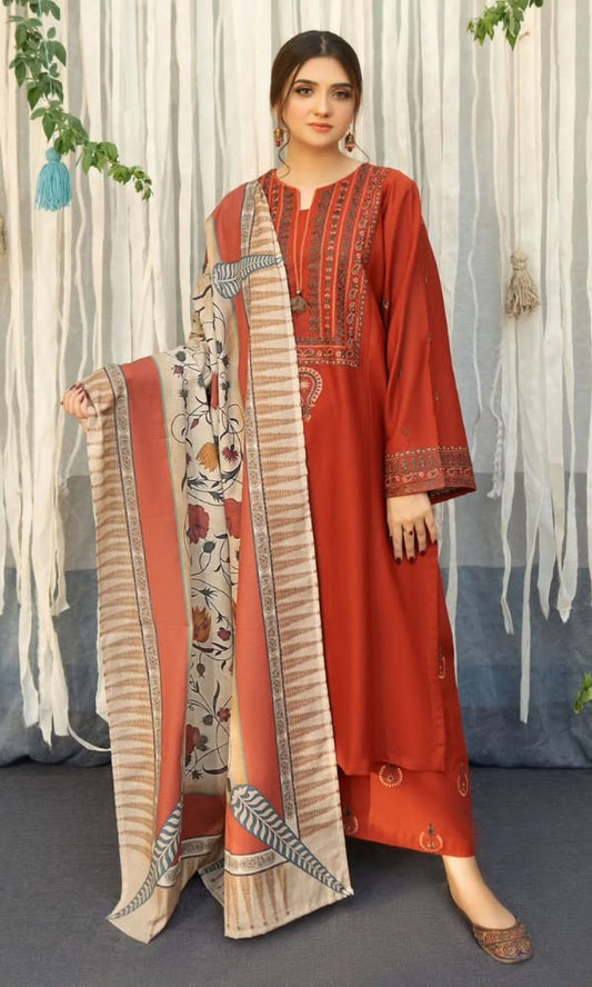 URGE Rust Orange Dhanak 3-Piece Embroidered Suit | Embroidered Trouser