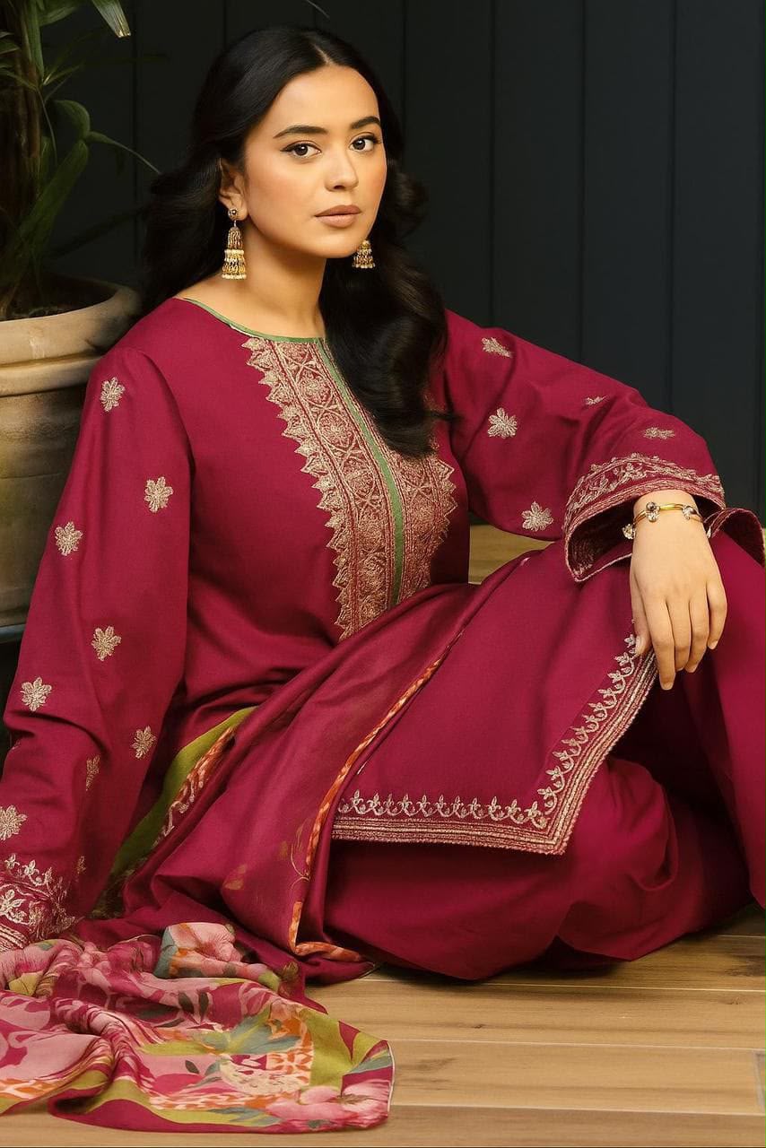 KOKUM Magenta Dhanak 3-Piece Embroidered Suit | Digital Printed Shawl