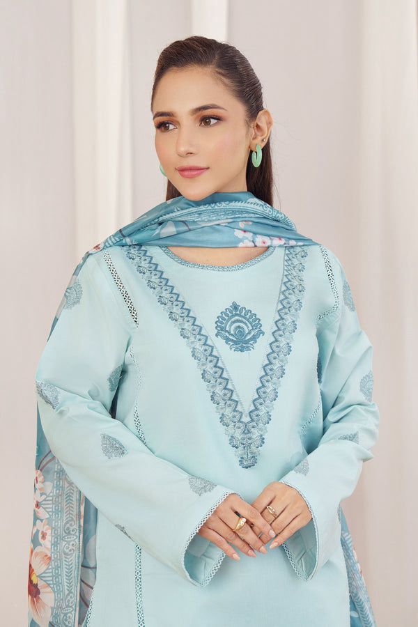 ZIVA Aqua Blue Dhanak 3-Piece Embroidered Suit | Digital Printed Shawl