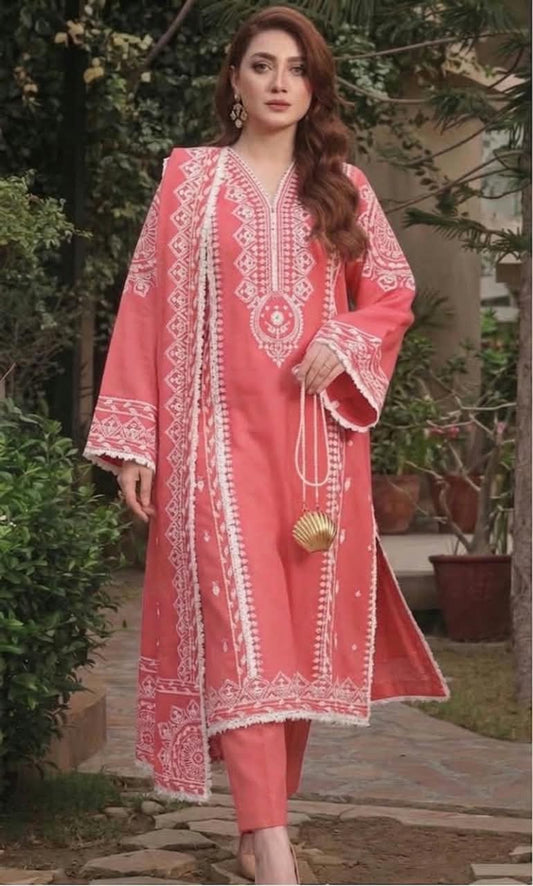 Aneela's Collection Peach Pink Dhanak 3-Piece Embroidered Suit | Digital Printed Shawl