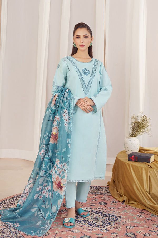 ZIVA Aqua Blue Dhanak 3-Piece Embroidered Suit | Digital Printed Shawl