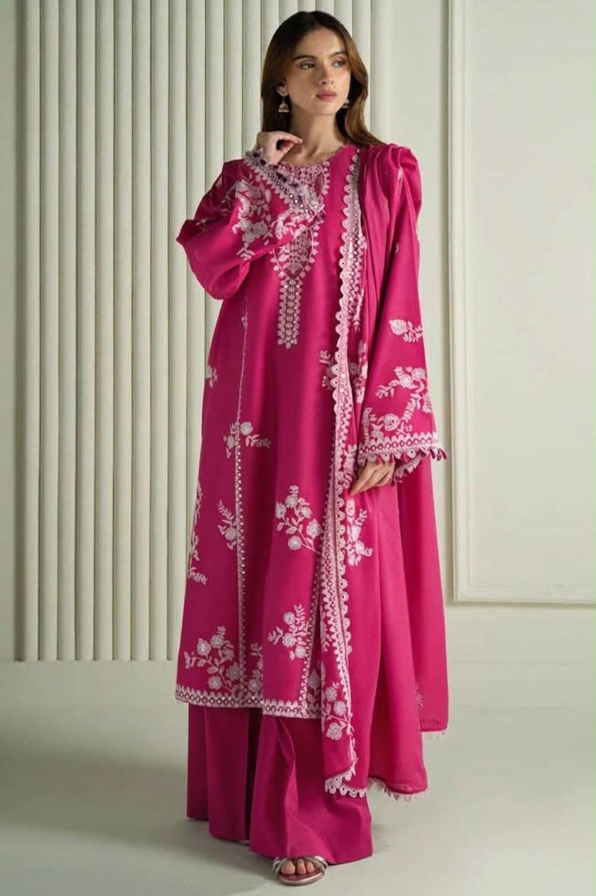 Cross Cruitch Magenta Pink Dhanak 3-Piece Embroidered Suit | Digital Printed Shawl