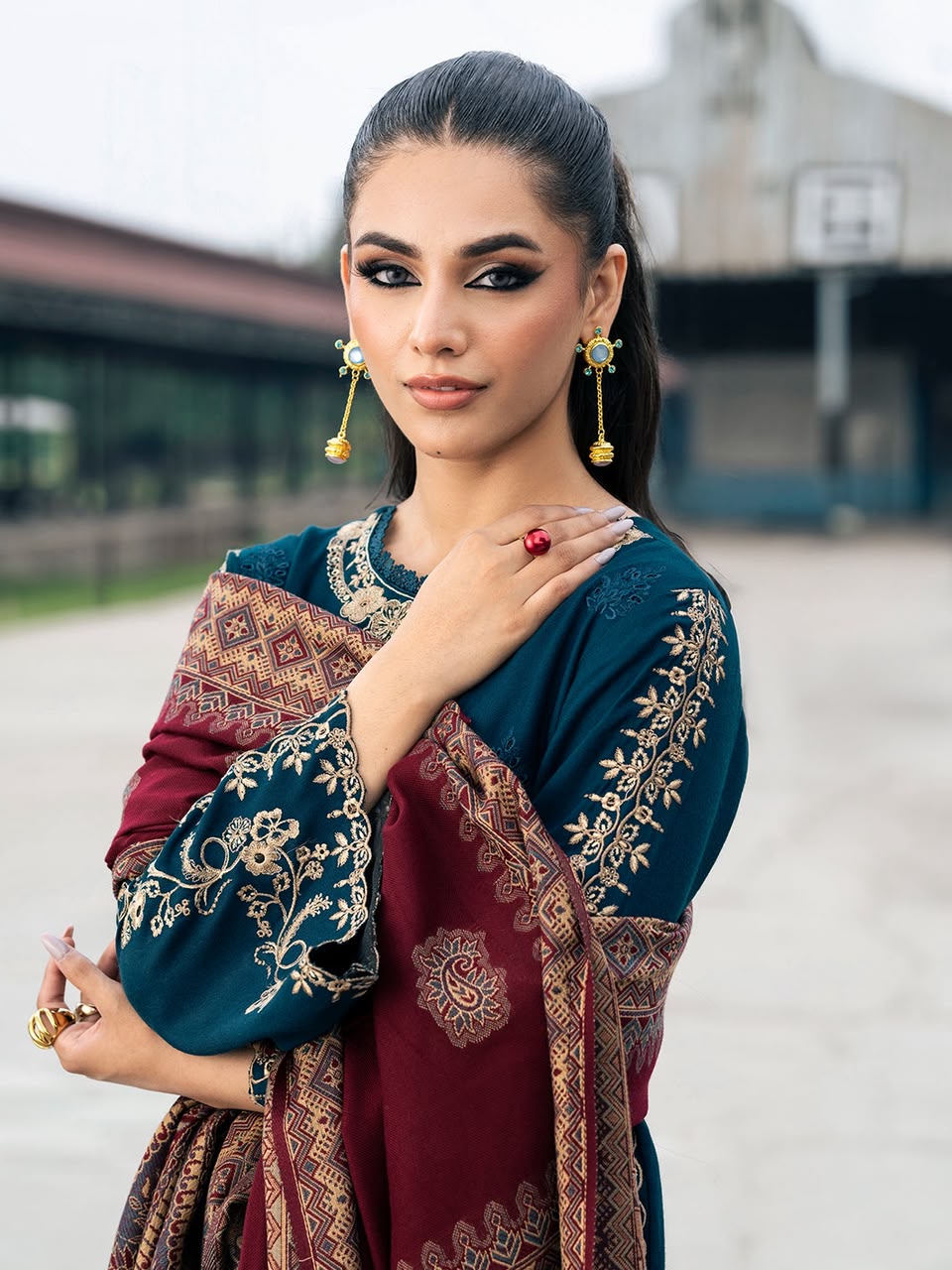 IZEL Deep Blue Dhanak 3-Piece Embroidered Suit | Maroon Digital Printed Shawl
