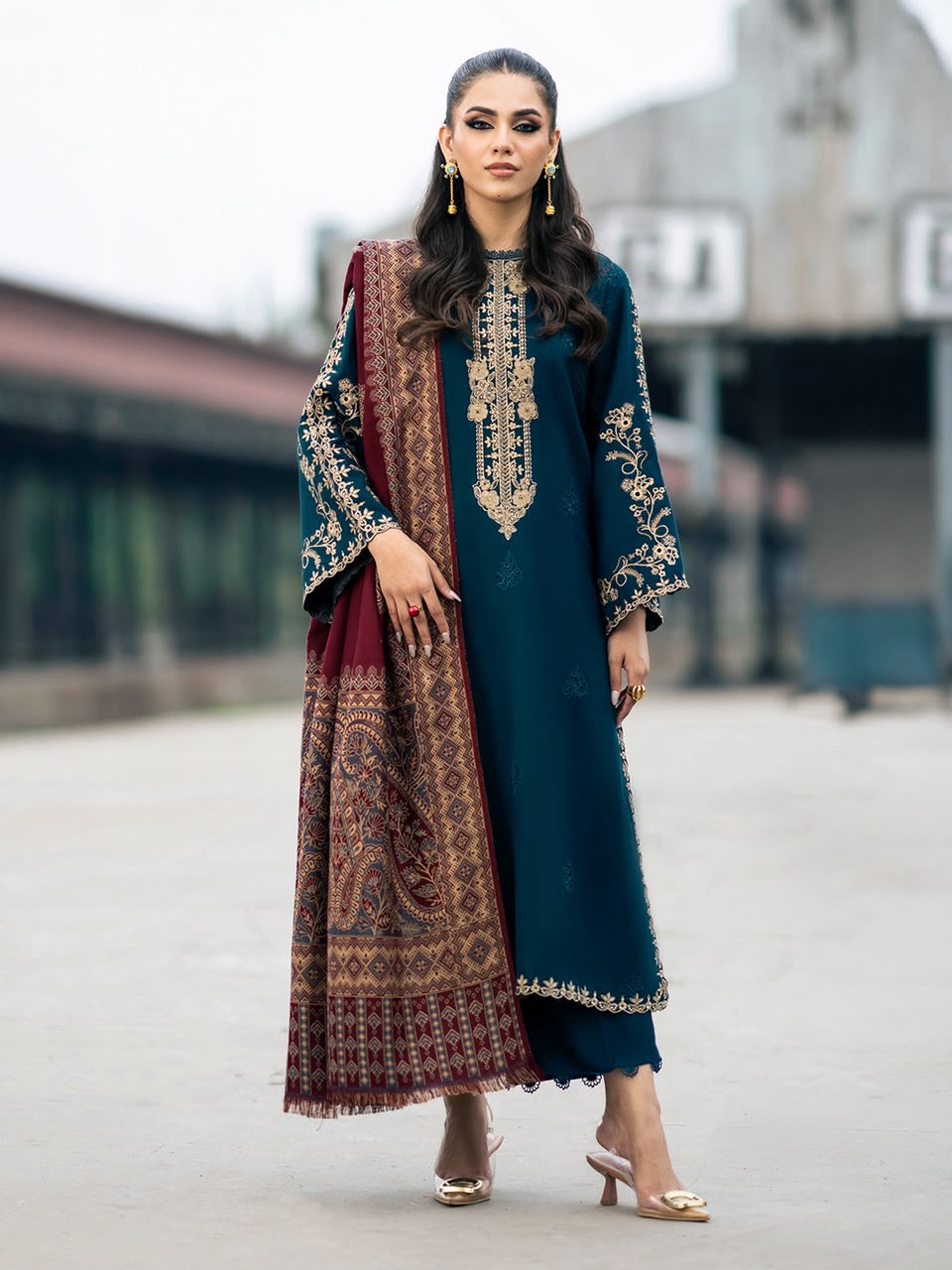 IZEL Deep Blue Dhanak 3-Piece Embroidered Suit | Maroon Digital Printed Shawl