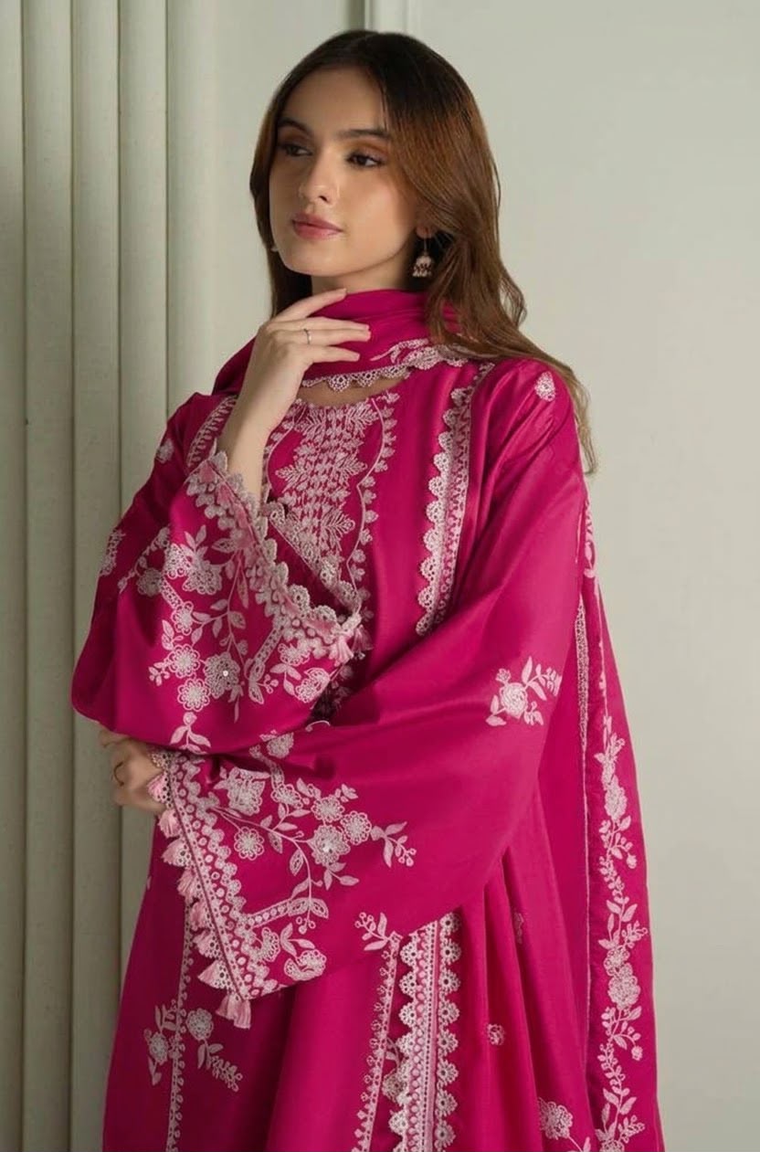 Cross Cruitch Magenta Pink Dhanak 3-Piece Embroidered Suit | Digital Printed Shawl
