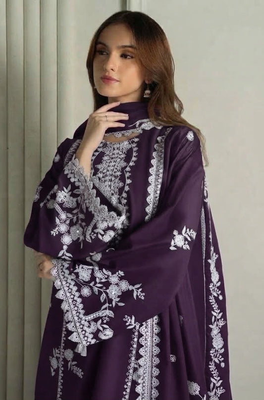 Cross Cruitch Plum Purple Dhanak 3-Piece Embroidered Suit | Digital Printed Shawl