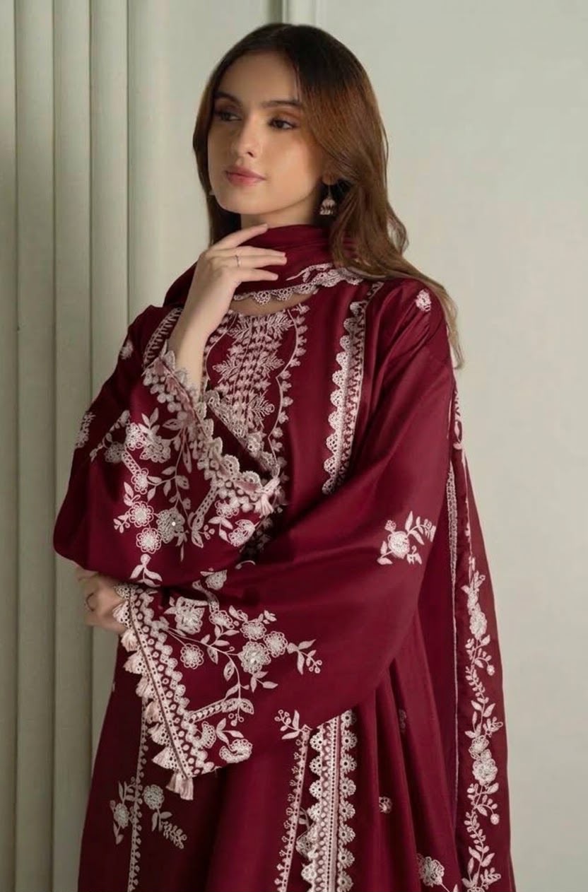 Cross Cruitch Maroon Dhanak 3-Piece Embroidered Suit | Digital Printed Shawl
