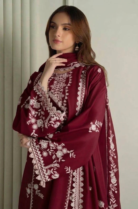 Cross Cruitch Maroon Dhanak 3-Piece Embroidered Suit | Digital Printed Shawl