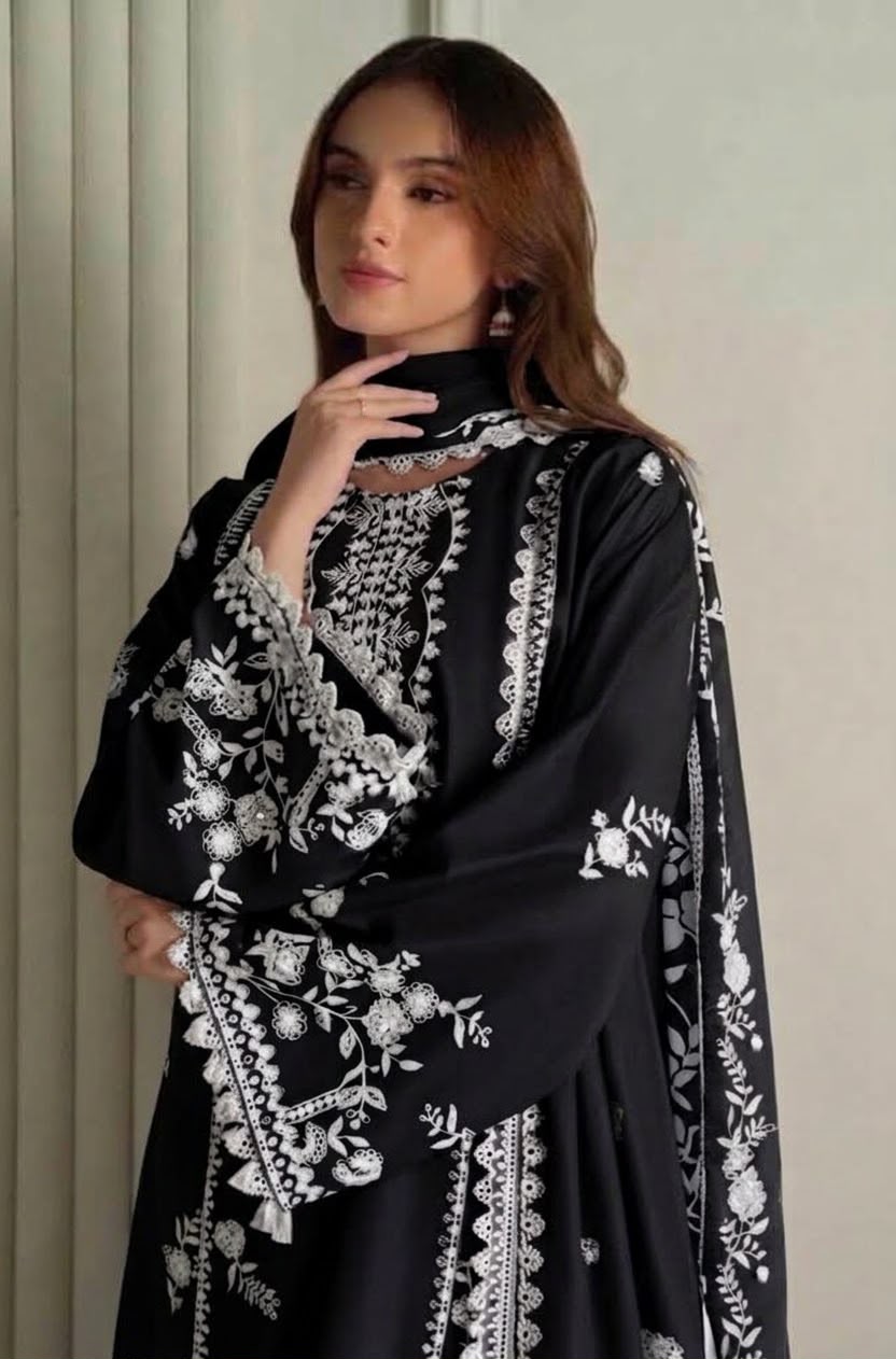 Cross Cruitch Jet Black Dhanak 3-Piece Embroidered Suit | Digital Printed Shawl