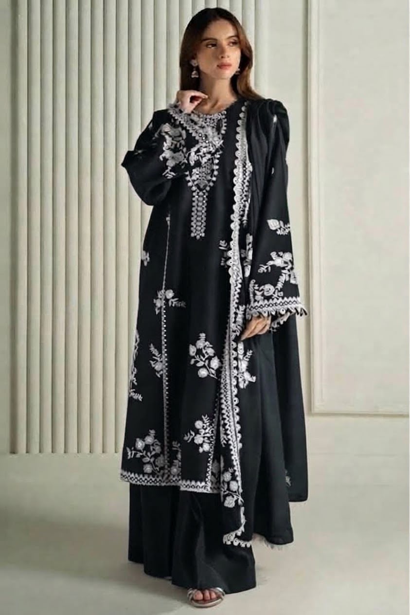 Cross Cruitch Jet Black Dhanak 3-Piece Embroidered Suit | Digital Printed Shawl
