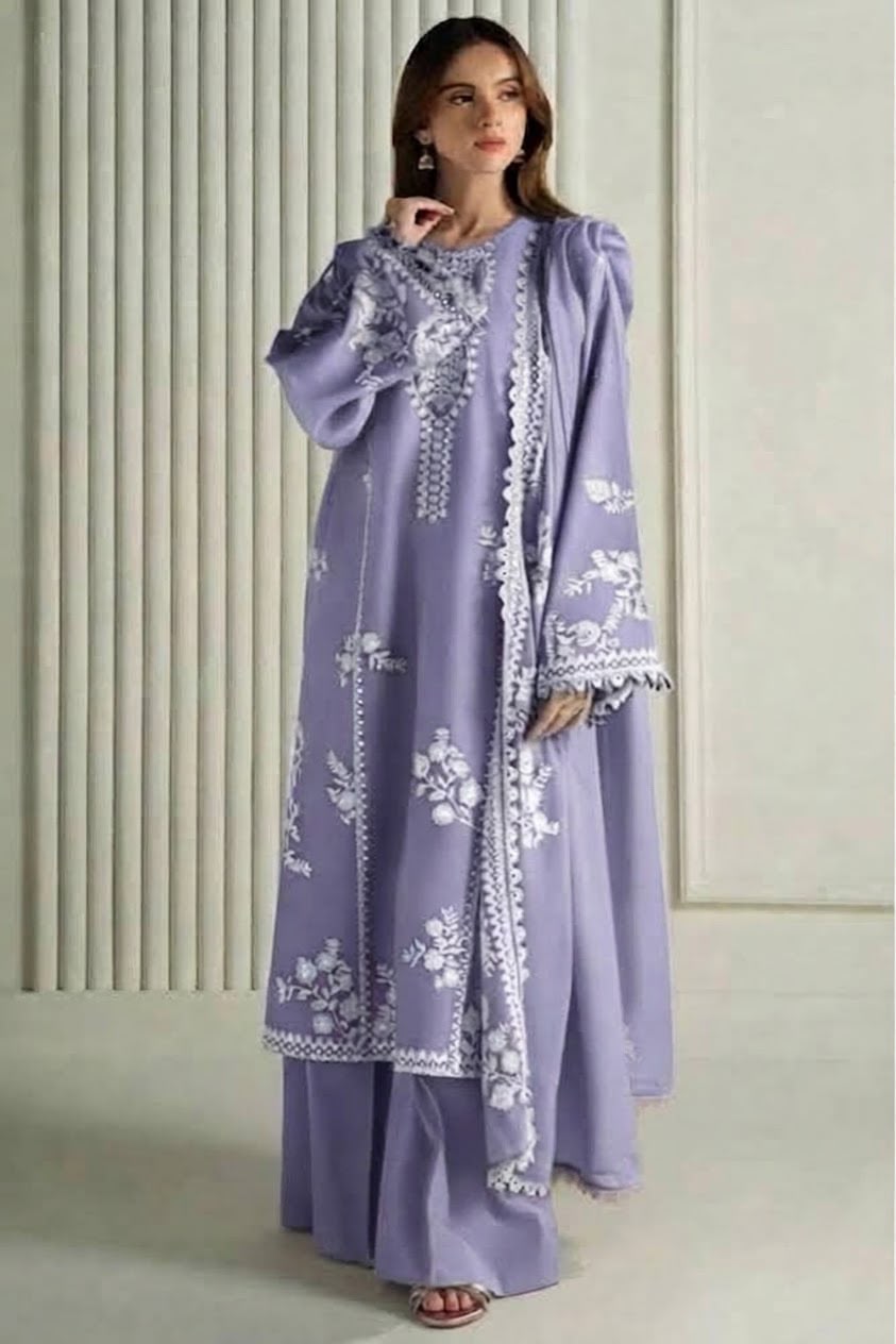 Cross Cruitch Lilac Purple Dhanak 3-Piece Embroidered Suit | Digital Printed Shawl