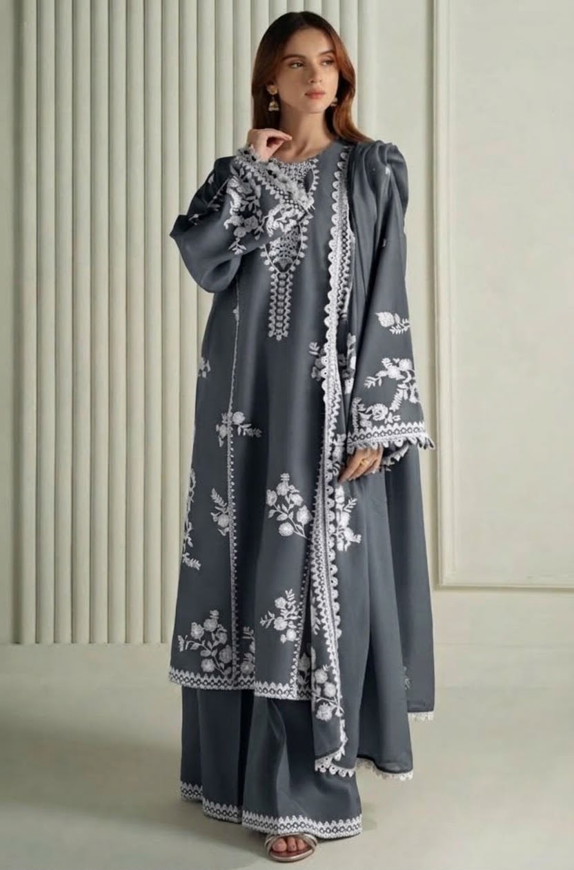Cross Cruitch Grey Dhanak 3-Piece Embroidered Suit | Digital Printed Shawl