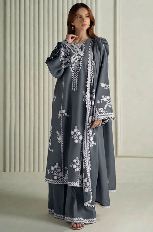 Cross Cruitch Grey Dhanak 3-Piece Embroidered Suit | Digital Printed Shawl