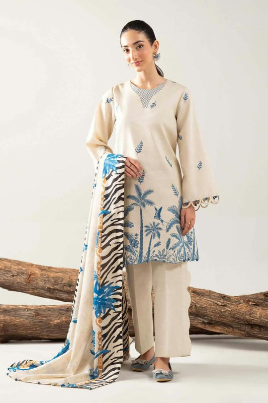 Nishat Off-White Dhanak 3-Piece Embroidered Suit | Digital Printed Shawl