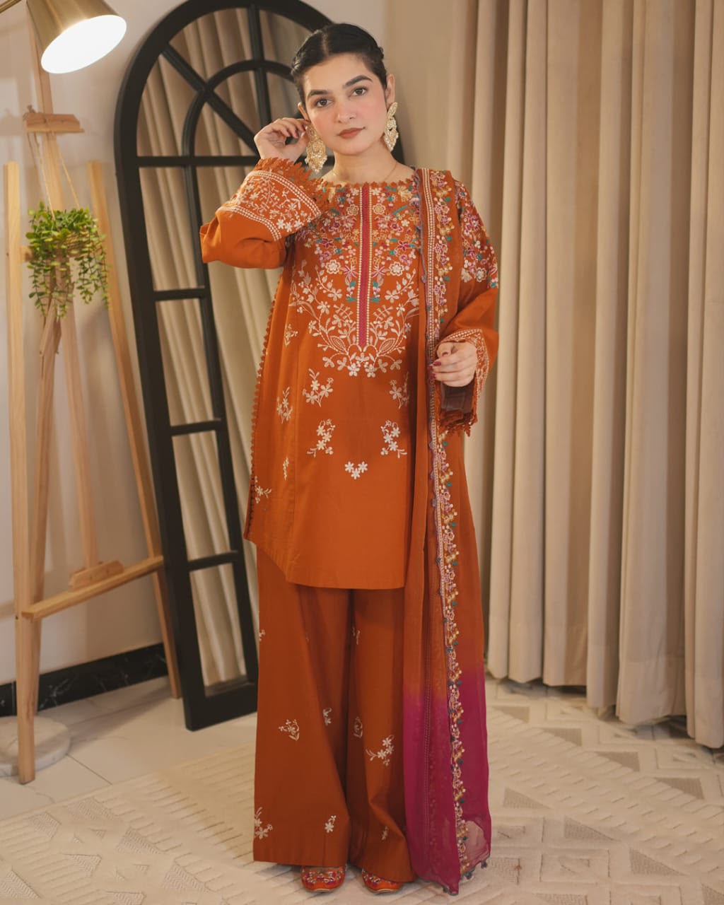 BATIK Rust Red Dhanak 3-Piece Embroidered Suit | Embroidered Trouser & Shawl