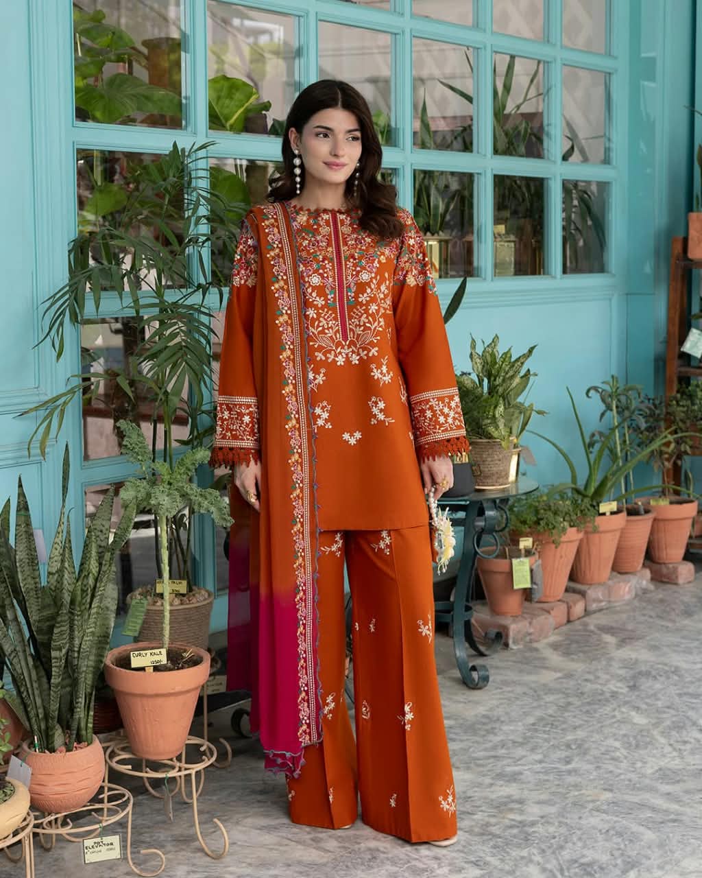 BATIK Rust Red Dhanak 3-Piece Embroidered Suit | Embroidered Trouser & Shawl