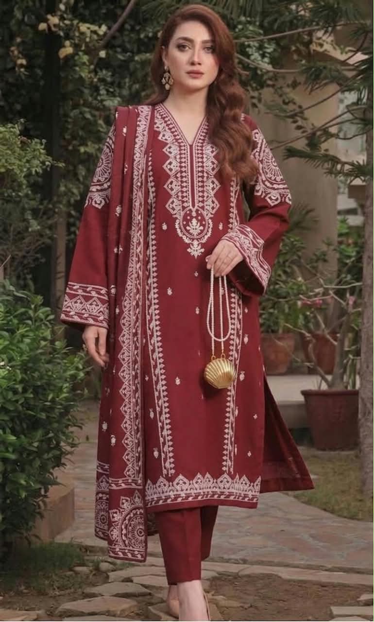 Aneela's Collection Deep Red Dhanak 3-Piece Embroidered Suit | Digital Printed Shawl