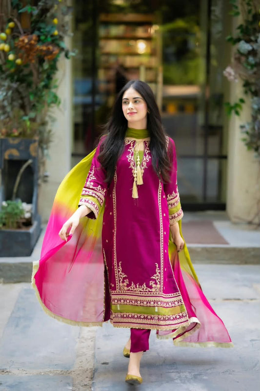 OMAL Hot Pink Dhanak 3-Piece Embroidered Suit | Digital Printed Shawl