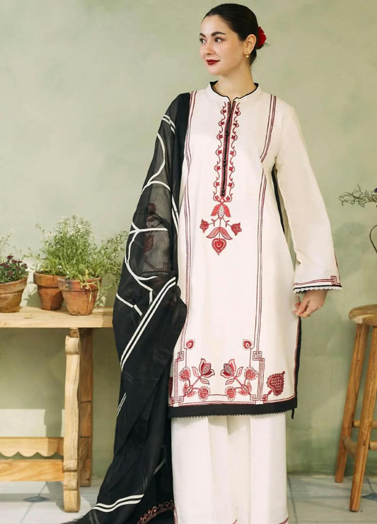 COCO Off-White Dhanak 3-Piece Embroidered Suit | Digital Printed Shawl
