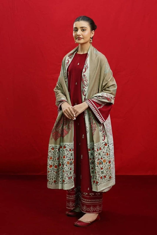 URGE Deep Maroon Dhanak 3-Piece Embroidered Suit | Embroidered Trouser