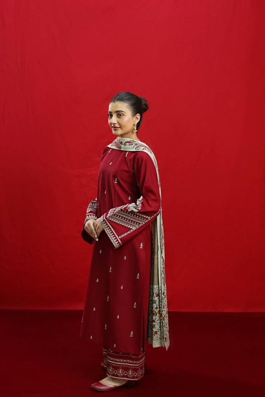URGE Deep Maroon Dhanak 3-Piece Embroidered Suit | Embroidered Trouser