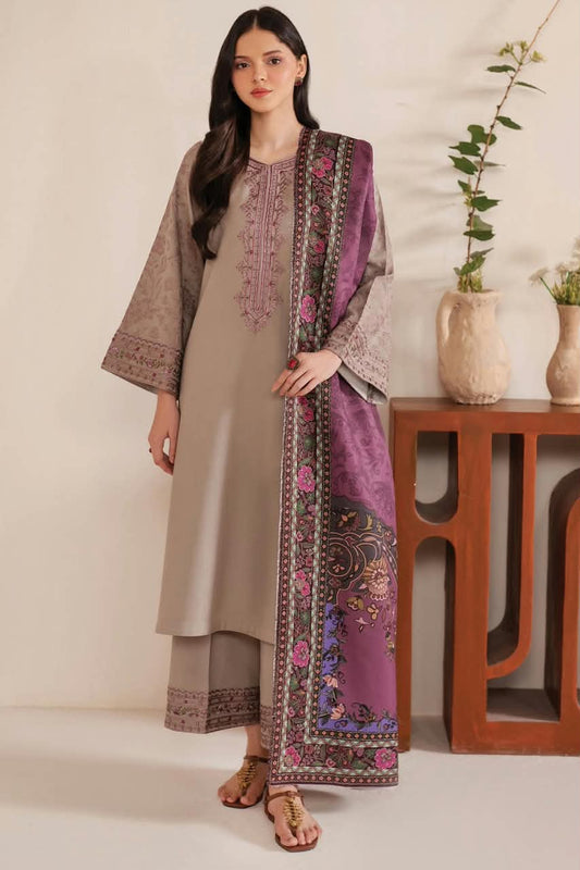 Jazmin Taupe Grey Dhanak 3-Piece Embroidered Suit | Embroidered Trouser