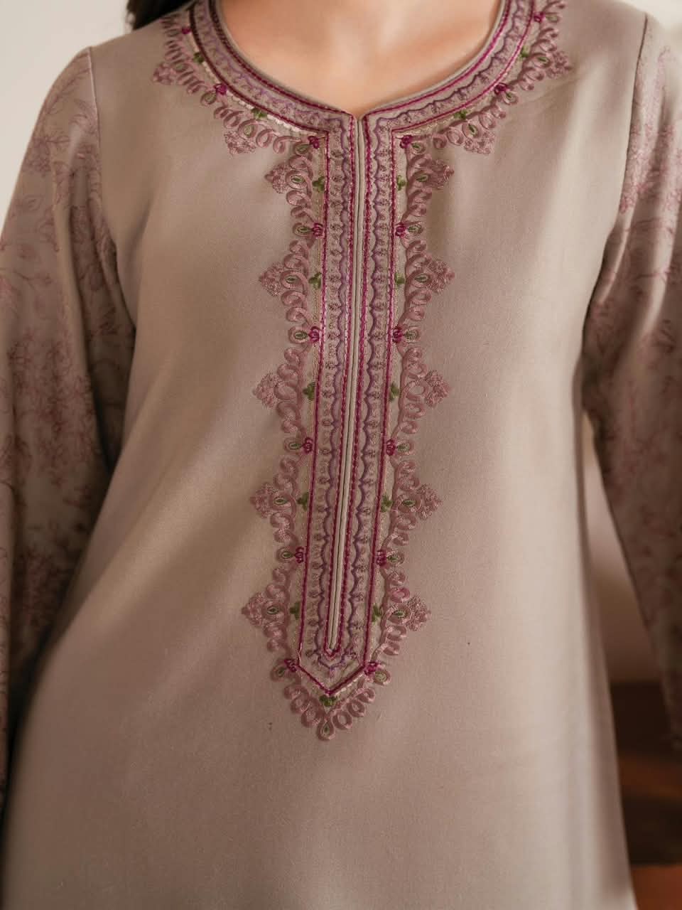 Jazmin Taupe Grey Dhanak 3-Piece Embroidered Suit | Embroidered Trouser