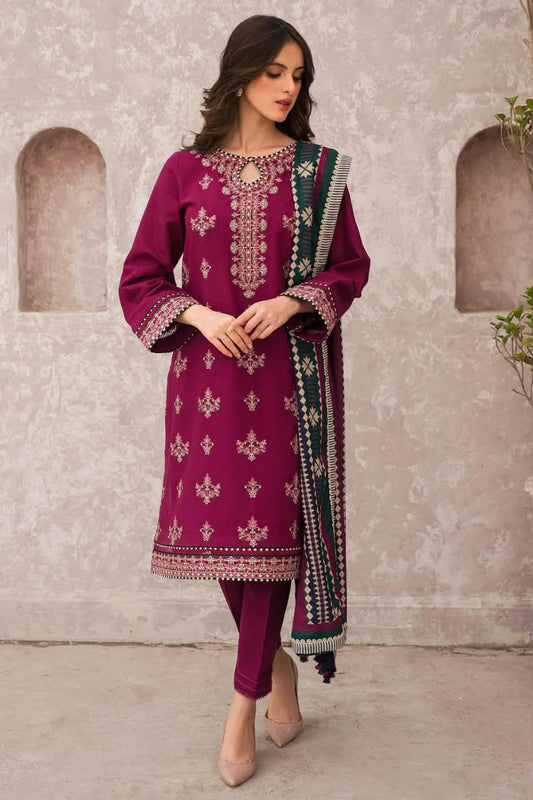 Jazmin Magenta Pink Dhanak 3-Piece Embroidered Suit | Daman Patch